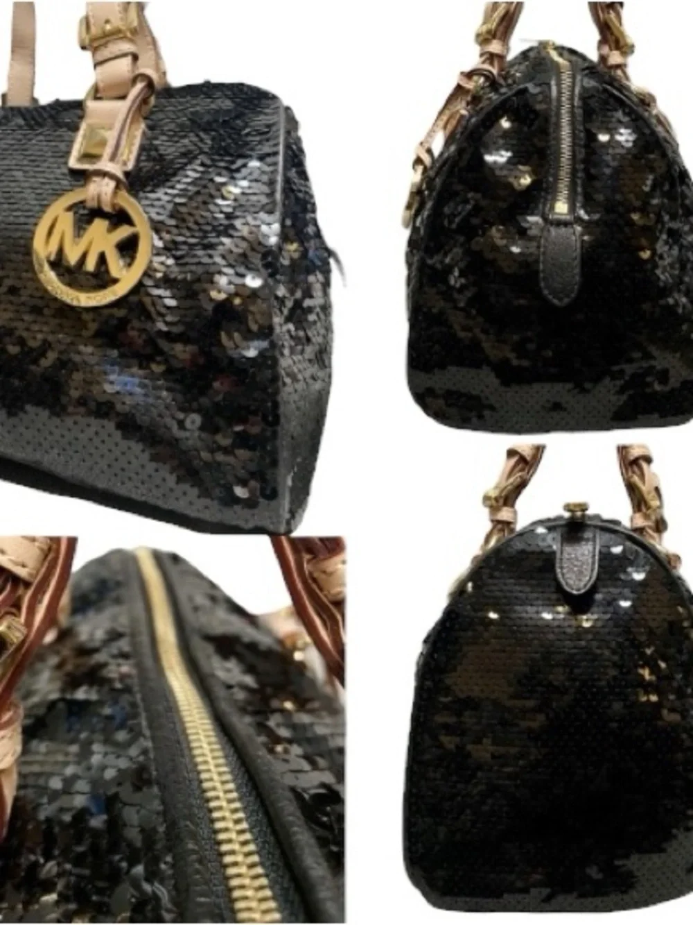 Michael Kors Black Sequin Grayson Satchel Leather Handles & Base Gold Hangtag